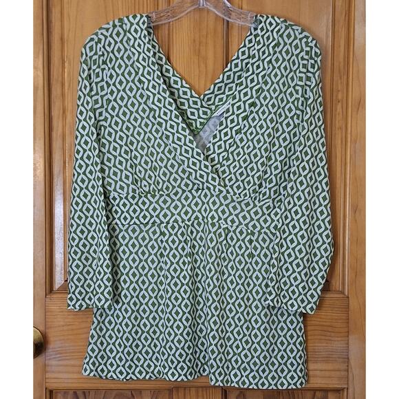 Banana Republic Shirt Women's Medium Green Cream 100% Lyocell Retro Mod Diamond - Picture 1 of 7